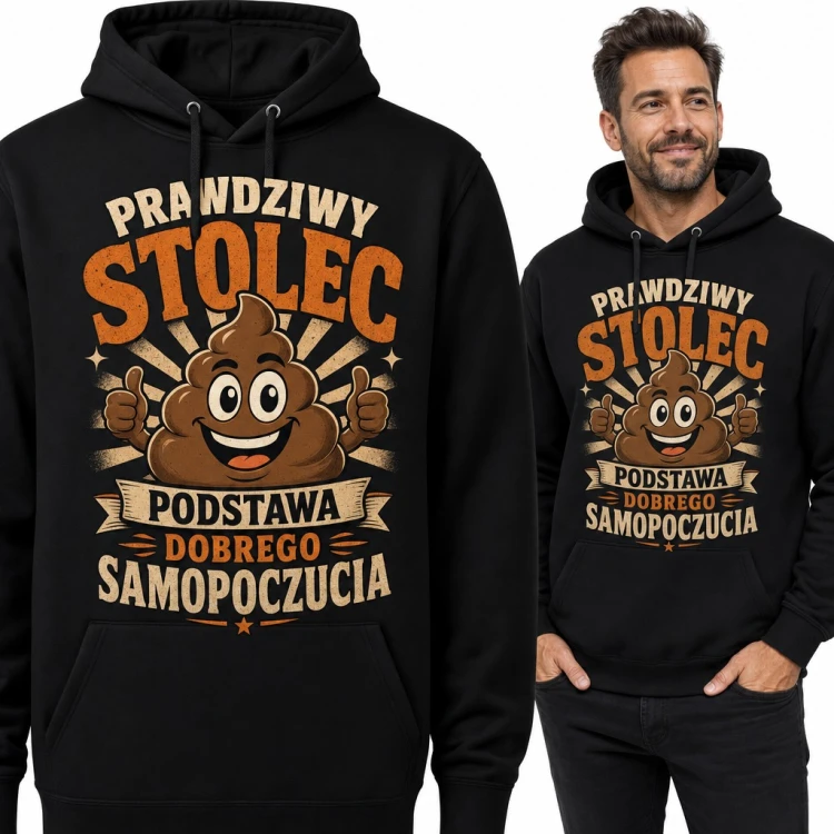 Bluza męska z kapturem - „Prawdziwy stolec podstawa dobrego samopoczucia” z kupą emoji