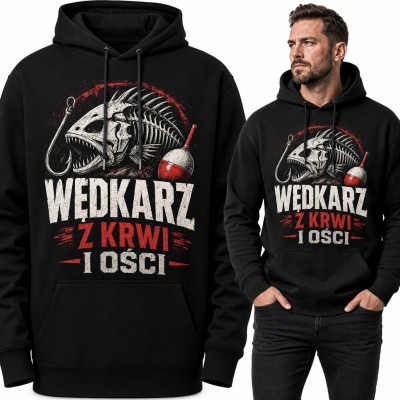 Bluza męska z kapturem „Wędkarz z krwi i ości” - szkielet ryby ze spławikiem
