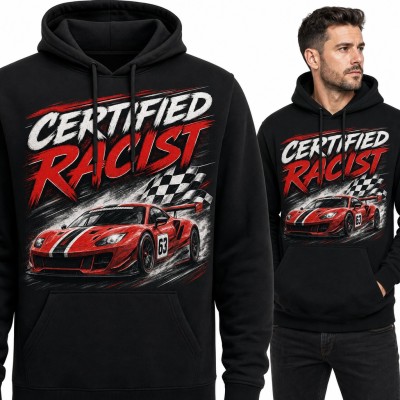 Bluza męska z kapturem „Certified Racist” - czerwone auto wyścigowe z flagą mety