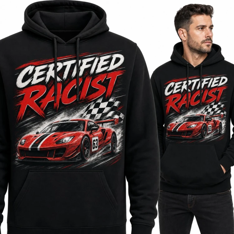 Bluza męska z kapturem „Certified Racist” - czerwone auto wyścigowe z flagą mety