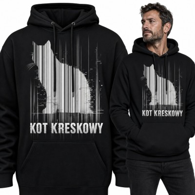 Bluza męska z kapturem „Kot kreskowy” - sylwetka kota z kodu kreskowego