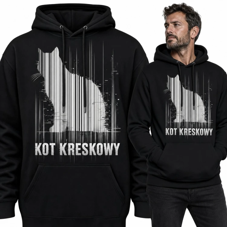 Bluza męska z kapturem „Kot kreskowy” - sylwetka kota z kodu kreskowego