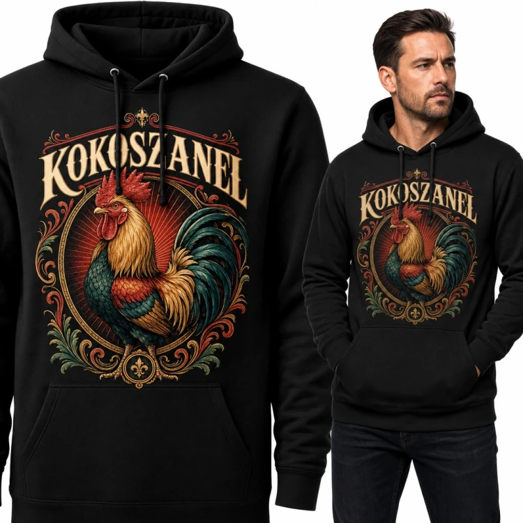 Bluza męska z kapturem - kogut w ozdobnej ramie i napis „Kokoszanel”