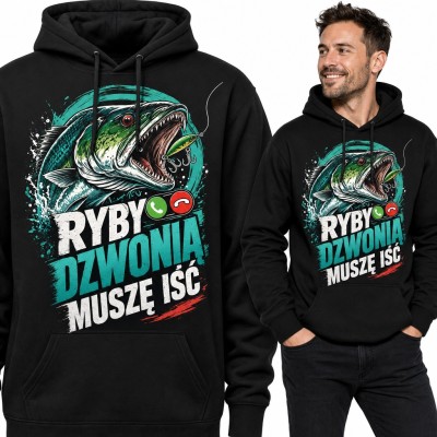 Bluza męska z kapturem - „Ryby dzwonią, muszę iść” ze szczupakiem dla wędkarza