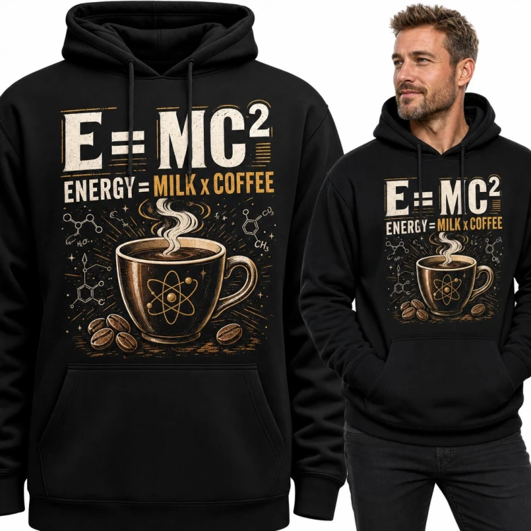 Bluza męska z kapturem - „E=MC² Energy = Milk x Coffee” z filiżanką kawy i atomem