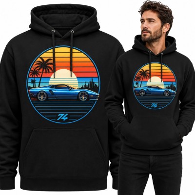 Bluza męska z kapturem - retro auto sportowe o zachodzie słońca z numerem „74”