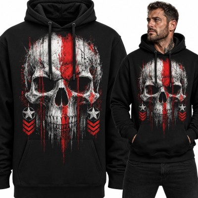 Bluza męska z kapturem - czaszka grunge z czerwonym pasem i wojskowymi naszywkami