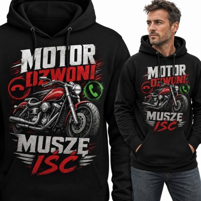 Bluza męska z kapturem „Motor dzwoni, muszę iść” - czerwony chopper dla motocyklisty
