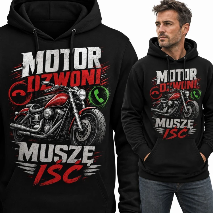 Bluza męska z kapturem „Motor dzwoni, muszę iść” - czerwony chopper dla motocyklisty