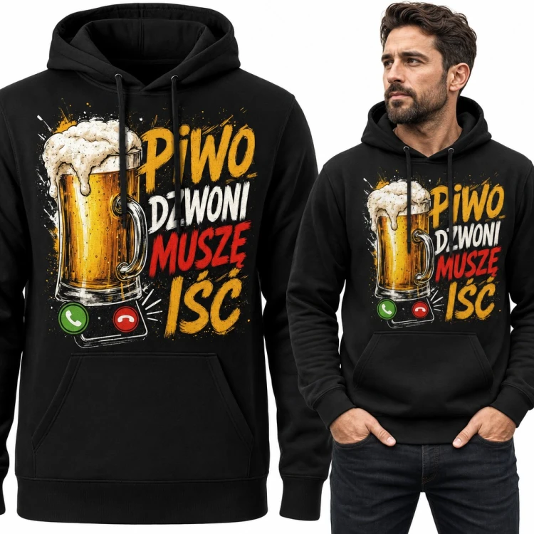 Bluza męska z kapturem - „Piwo dzwoni, muszę iść” z kuflem jako telefonem