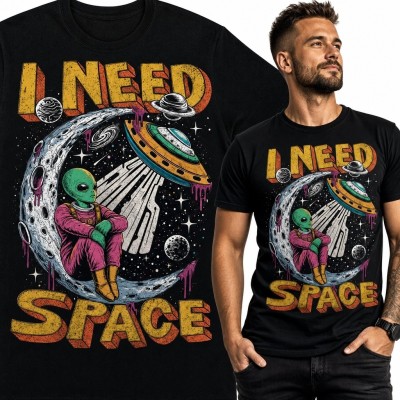 Koszulka męska z kosmitą i UFO „I need space” - retro sci-fi