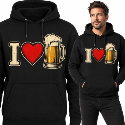 Bluza męska z kapturem - I love piwo, czerwone serce i kufel z pianą dla piwosza