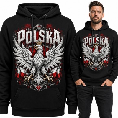 Bluza męska z kapturem - „Polska” z białym orłem w koronie i biało-czerwonymi wstęgami