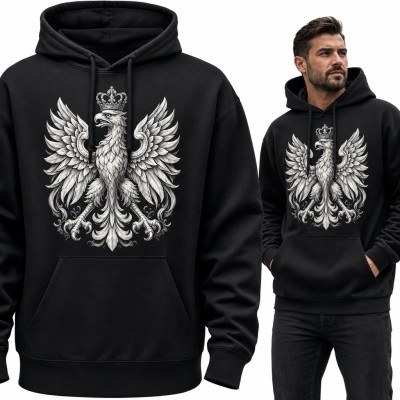 Bluza męska z kapturem - biały orzeł w koronie, polskie godło