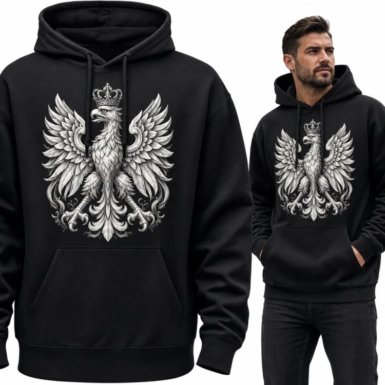 Bluza męska z kapturem - biały orzeł w koronie, polskie godło
