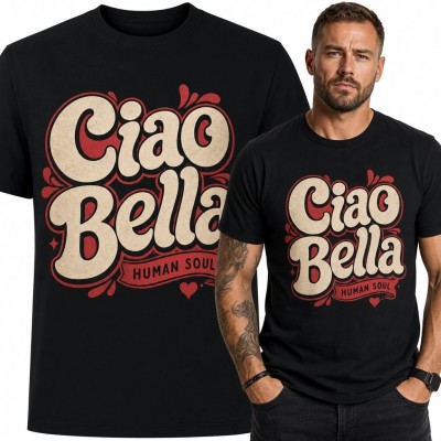 Koszulka męska z włoskim nadrukiem retro „Ciao Bella”