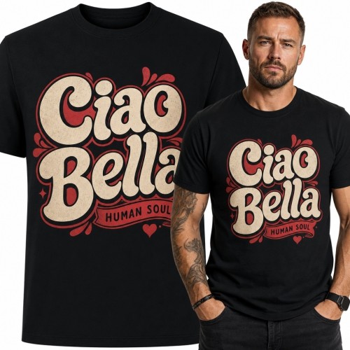 Koszulka męska z włoskim nadrukiem retro „Ciao Bella”