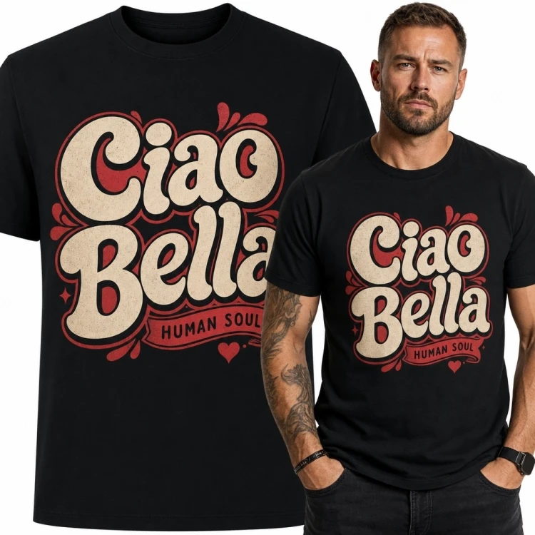 Koszulka męska z włoskim nadrukiem retro „Ciao Bella”