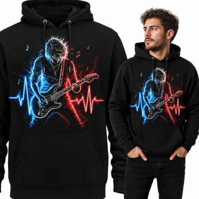 Bluza męska z kapturem - neonowy gitarzysta z linią pulsu