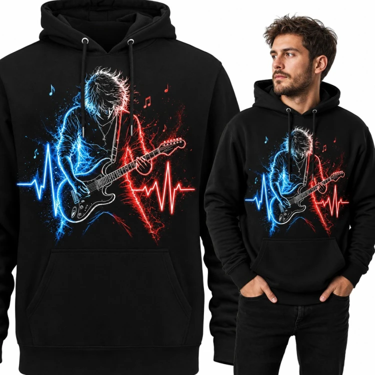 Bluza męska z kapturem - neonowy gitarzysta z linią pulsu