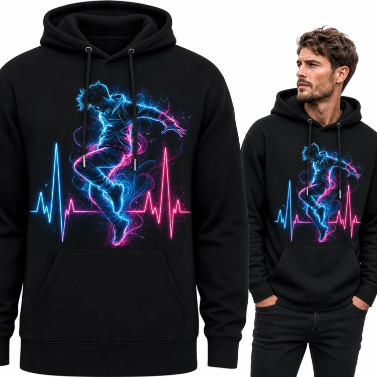 Bluza męska z kapturem - neonowy tancerz w skoku na linii pulsu EKG