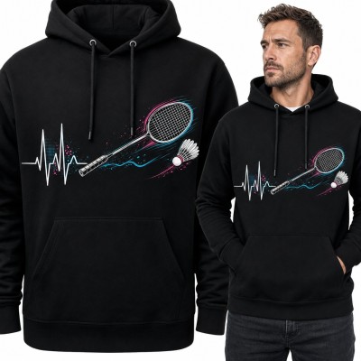 Bluza męska z kapturem - linia pulsu z rakietą i lotką do badmintona