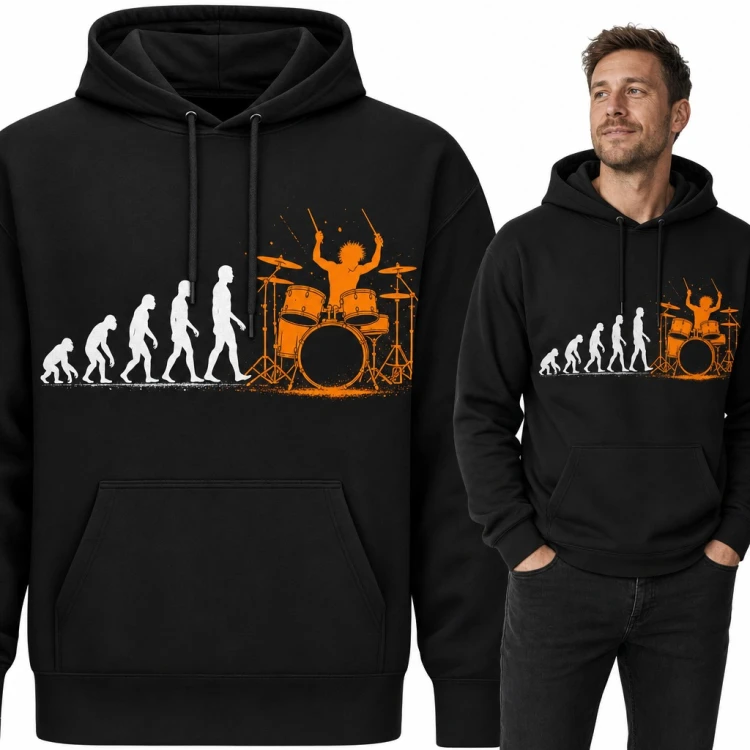Bluza męska z kapturem - ewolucja człowieka od małpy do perkusisty