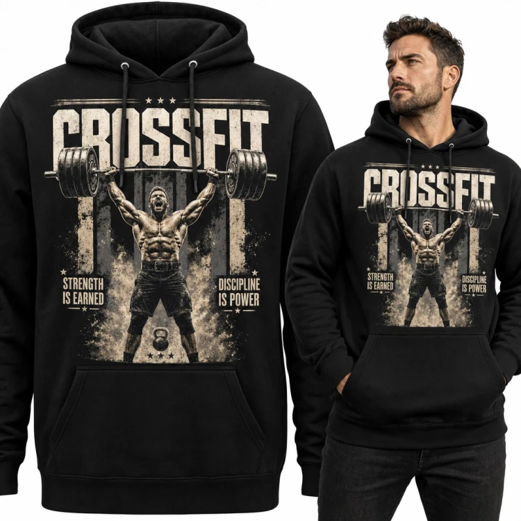Bluza męska z kapturem - „CrossFit” zawodnik ze sztangą nad głową