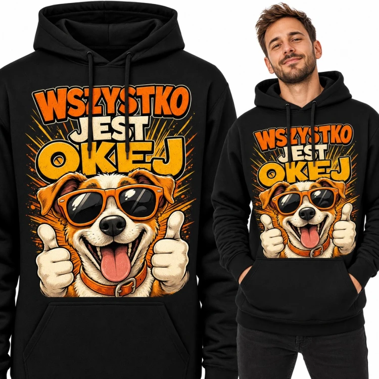 Bluza męska z kapturem - pies w okularach z kciukami w górę „Wszystko jest okej”