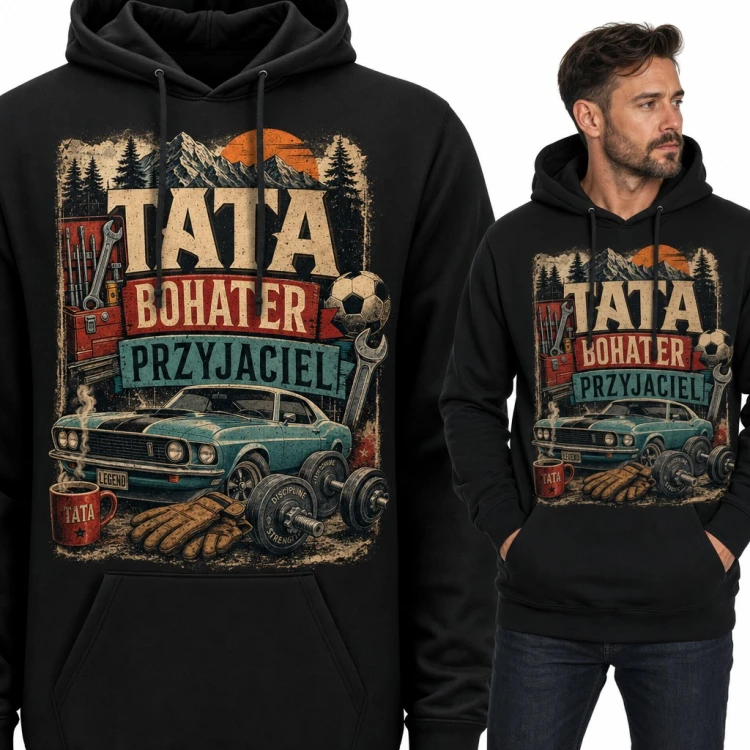 Bluza męska z kapturem „Tata bohater przyjaciel” - retro auto, narzędzia i hantle