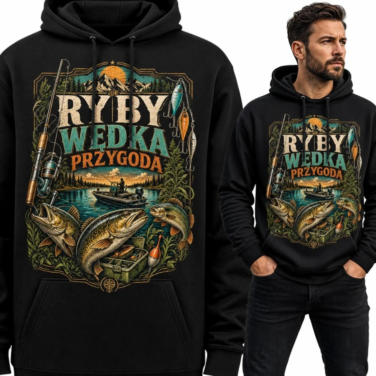 Bluza męska z kapturem - „Ryby wędka przygoda” dla wędkarza z jeziorem i szczupakami