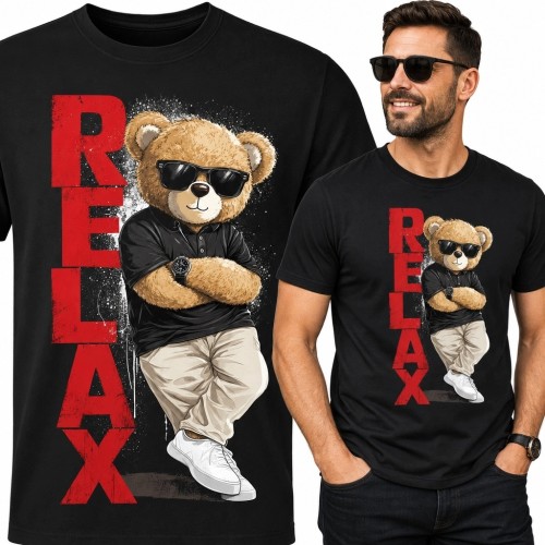 Koszulka męska z misiem i napisem „Relax” - streetwearowy nadruk