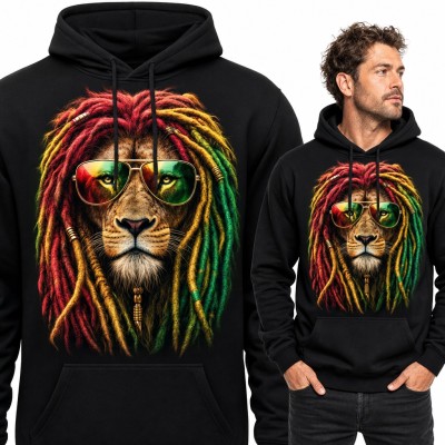 Bluza męska z kapturem - lew rasta z dredami w okularach aviator