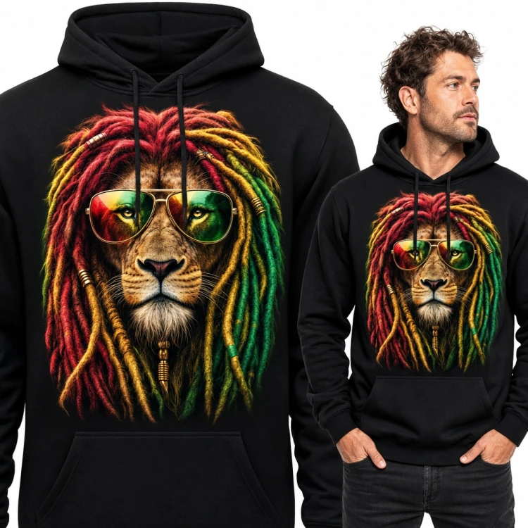Bluza męska z kapturem - lew rasta z dredami w okularach aviator