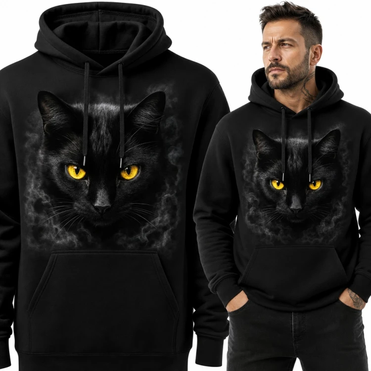 Bluza męska z kapturem - czarny kot o żółtych oczach w dymie