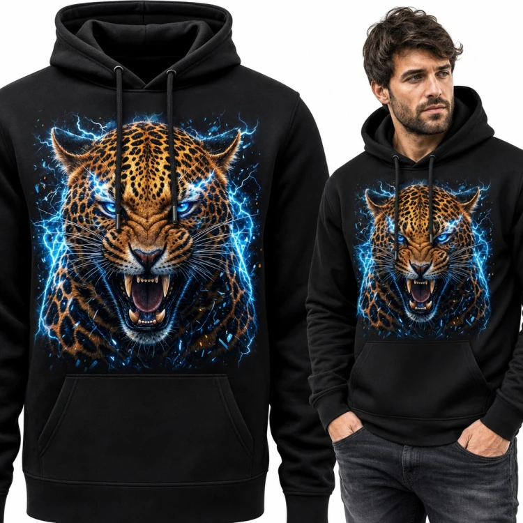 Bluza męska z kapturem - ryczący jaguar wśród niebieskich błyskawic