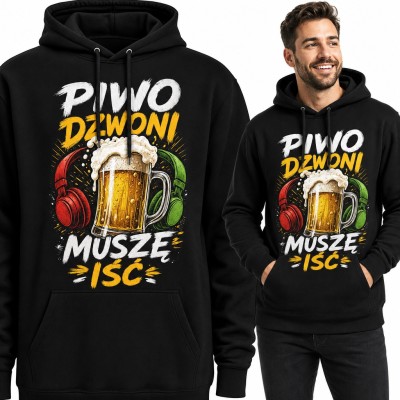 Bluza męska z kapturem „Piwo dzwoni, muszę iść” - kufel piwa w słuchawkach
