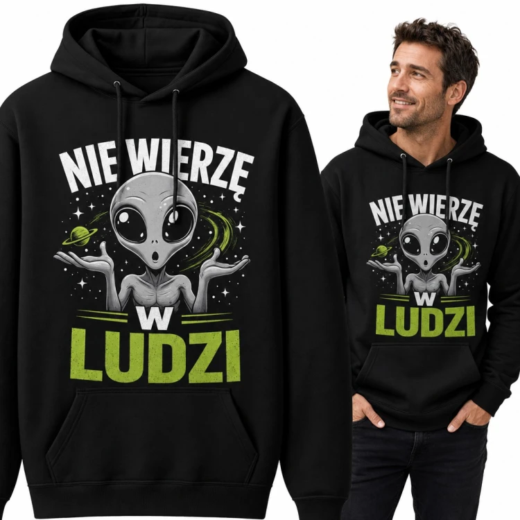 Bluza męska z kapturem - kosmita UFO wzruszający ramionami „Nie wierzę w ludzi”