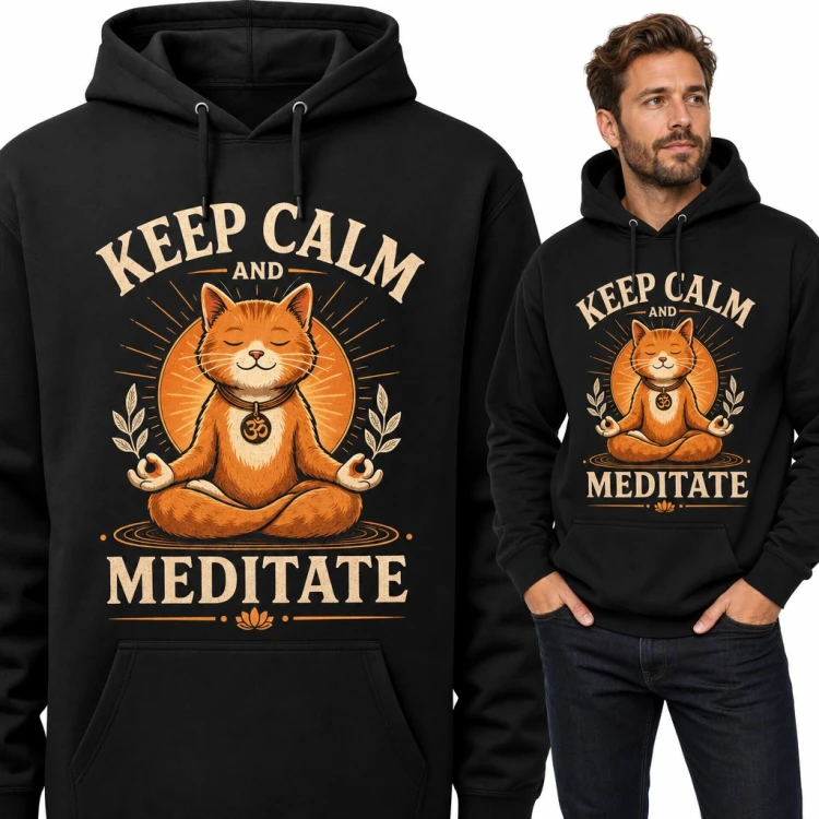 Bluza męska z kapturem - medytujący rudy kot „Keep calm and meditate”