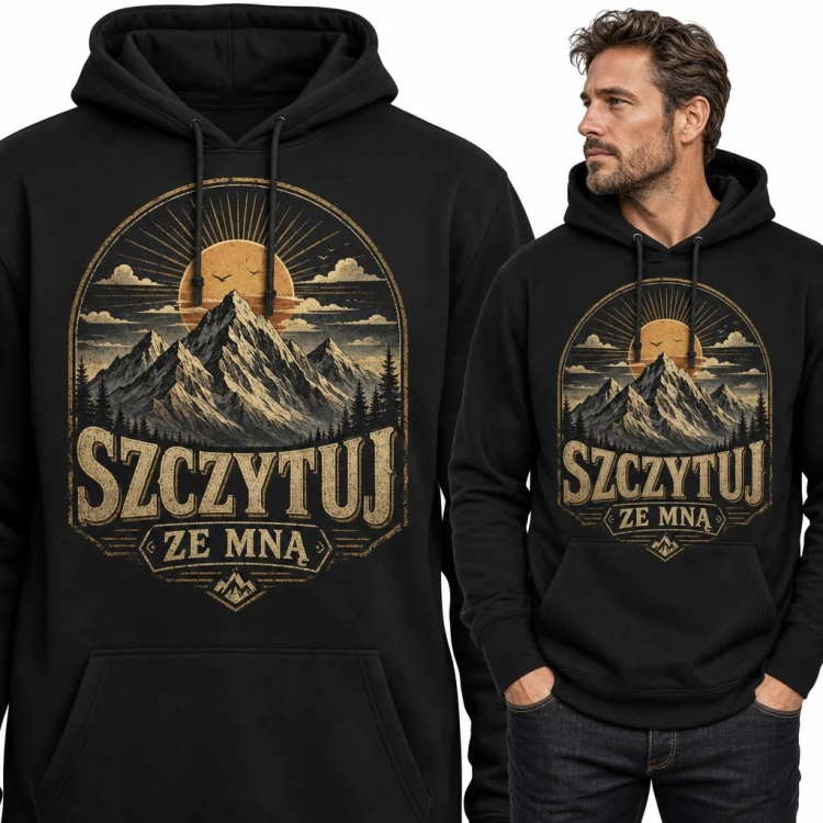 Bluza męska z kapturem - „Szczytuj ze mną” z górskim pejzażem retro