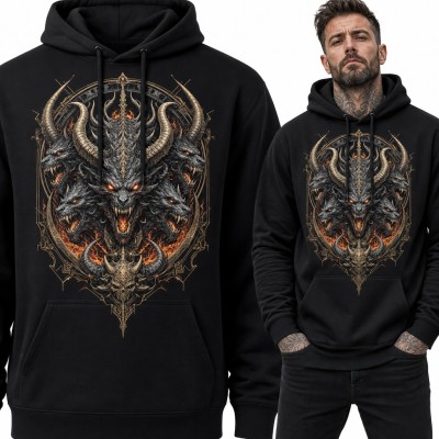 Bluza męska z kapturem - wielogłowy smok hydra w płomieniach i gotyckiej ramie