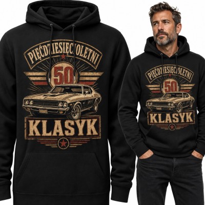 Bluza męska z kapturem „Pięćdziesięcioletni 50 klasyk” na 50 urodziny z autem retro