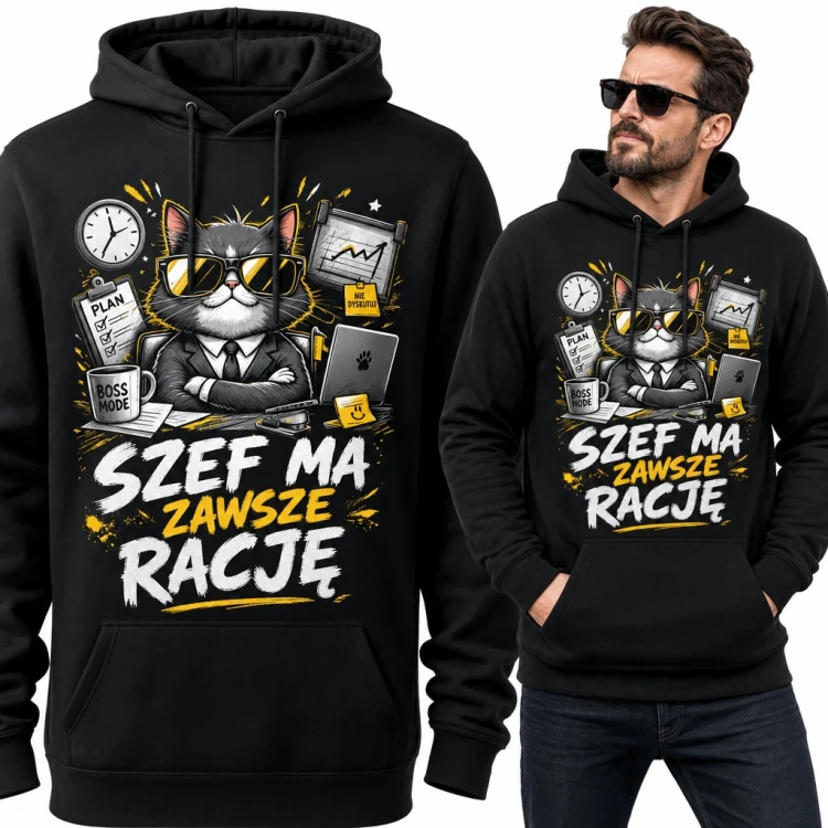 Bluza męska z kapturem - kot szef w okularach „Szef ma zawsze rację”