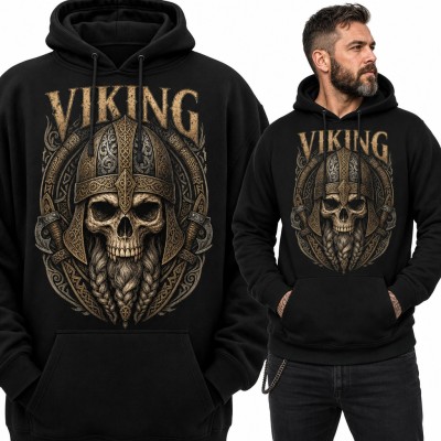 Bluza męska z kapturem - czaszka wikinga w hełmie i napis „Viking” dla fana wikingów