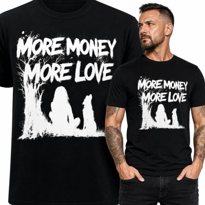 Koszulka męska „More Money More Love” - biały nadruk grunge na czerni