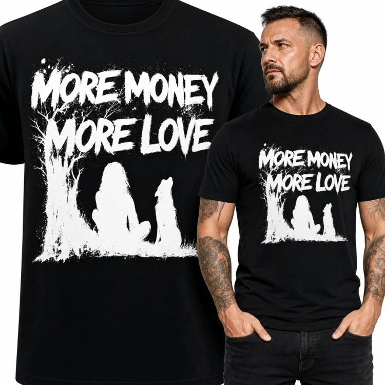 Koszulka męska „More Money More Love” - biały nadruk grunge na czerni