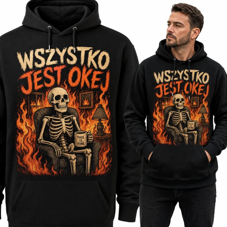 Bluza męska z kapturem - szkielet w płonącym pokoju „Wszystko jest okej”