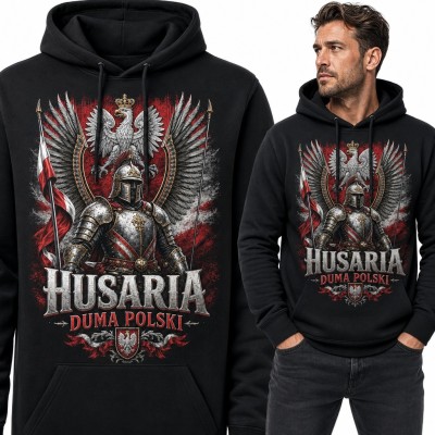 Bluza męska z kapturem „Husaria duma Polski” - husarz ze skrzydłami i orłem w koronie