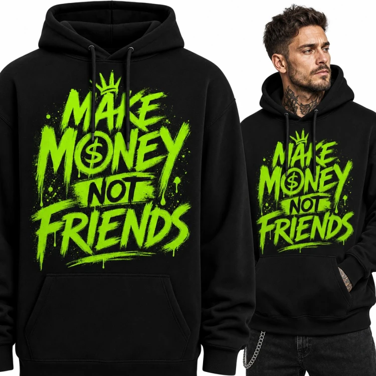 Bluza męska z kapturem „Make money not friends” - neonowe graffiti z dolarem
