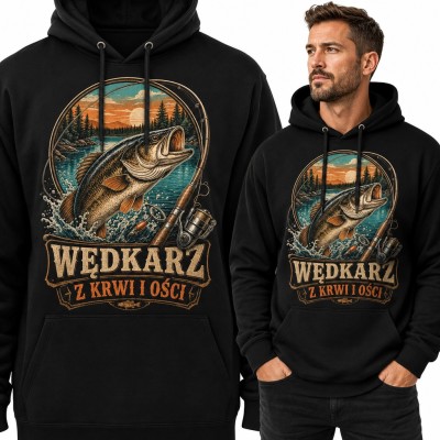 Bluza męska z kapturem „Wędkarz z krwi i ości” - okoń wyskakujący z jeziora